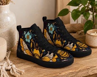 Bee Floral High Top Sneakers, Cottagecore Garden Print Lace Up Shoes