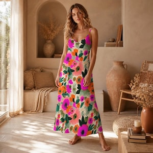 pink and orange vacation dress Vintage 90s Pink & Orange Tropical Floral Mini Dress - Extra Small | Boho Summer Sundress, Spaghetti Strap Beach Vacation Party Dress