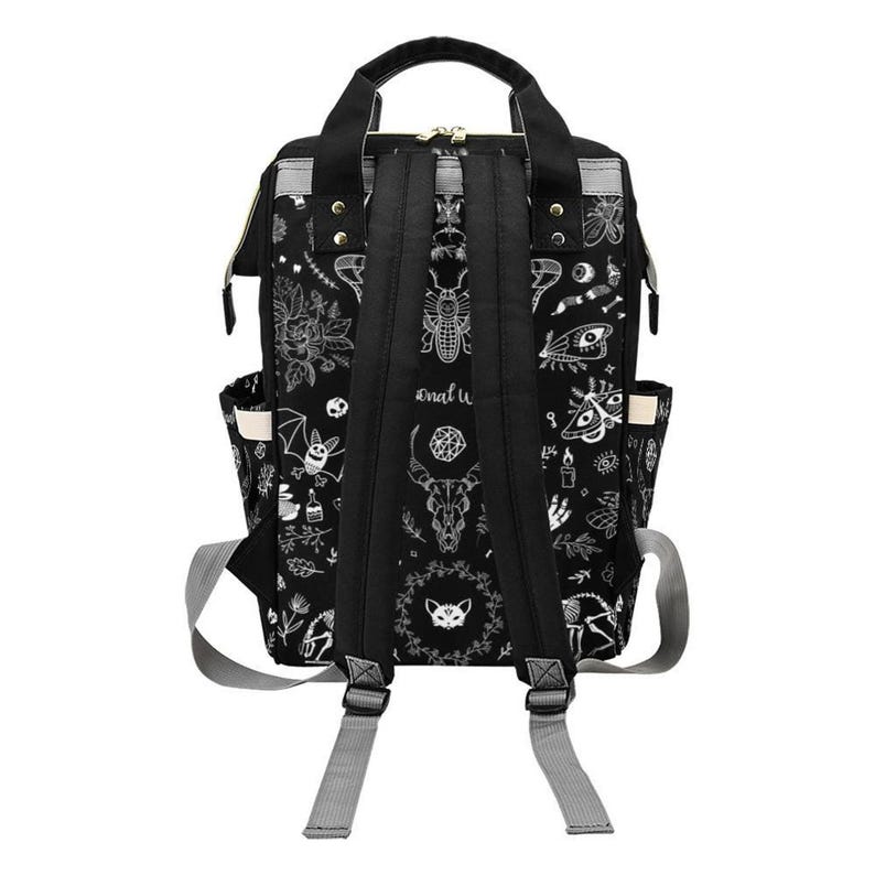 The back view of the black backpack displaying its adjustable padded shoulder straps.
