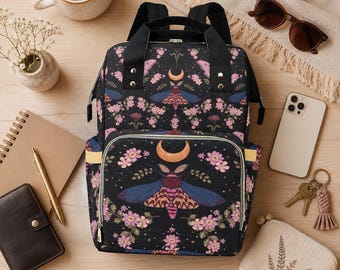 Moon Moth Diaper Backpack, Celestial Baby Bag, Boho Nursery Organizer