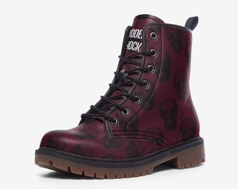 Burgundy Gothic Skull Combat Boots, Witchy Boots, Ankle Boots, Boots Womens, Hippie Boots, Faux Leather Boots, Mushroom Print