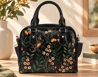 Black Floral Satchel Purse, Botanical Garden Print Handbag, Cottagecore Shoulder Bag