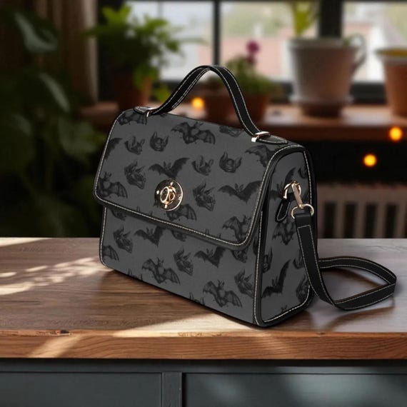 Bat Print Handbag, Gothic Crossbody Purse With Dark Vintage  display picture 1