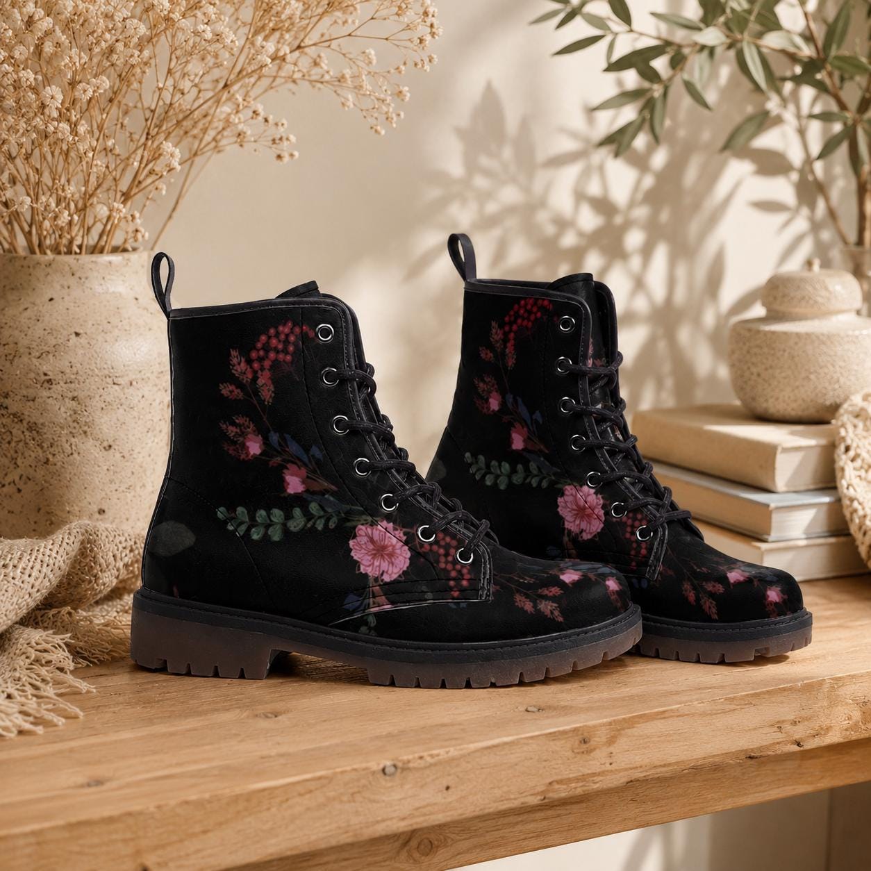Armillary FLOWER BOOTS ブラック 25cm Dark Floral Combat Boots, Gothic Lace-up Punk Ankle Footwear - Etsy