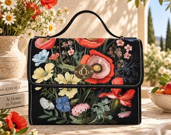 Dark Floral Satchel Bag, Vintage Poppy Wildflower Handbag, Cottagecore Top Handle Purse