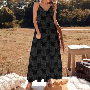 Black Floral Maxi Dress, Gothic Rose Cami Dress, Dark Floral Slip Dress, Witchy Summer Outfit, Moody Garden Aesthetic Clothing, Elegant Goth