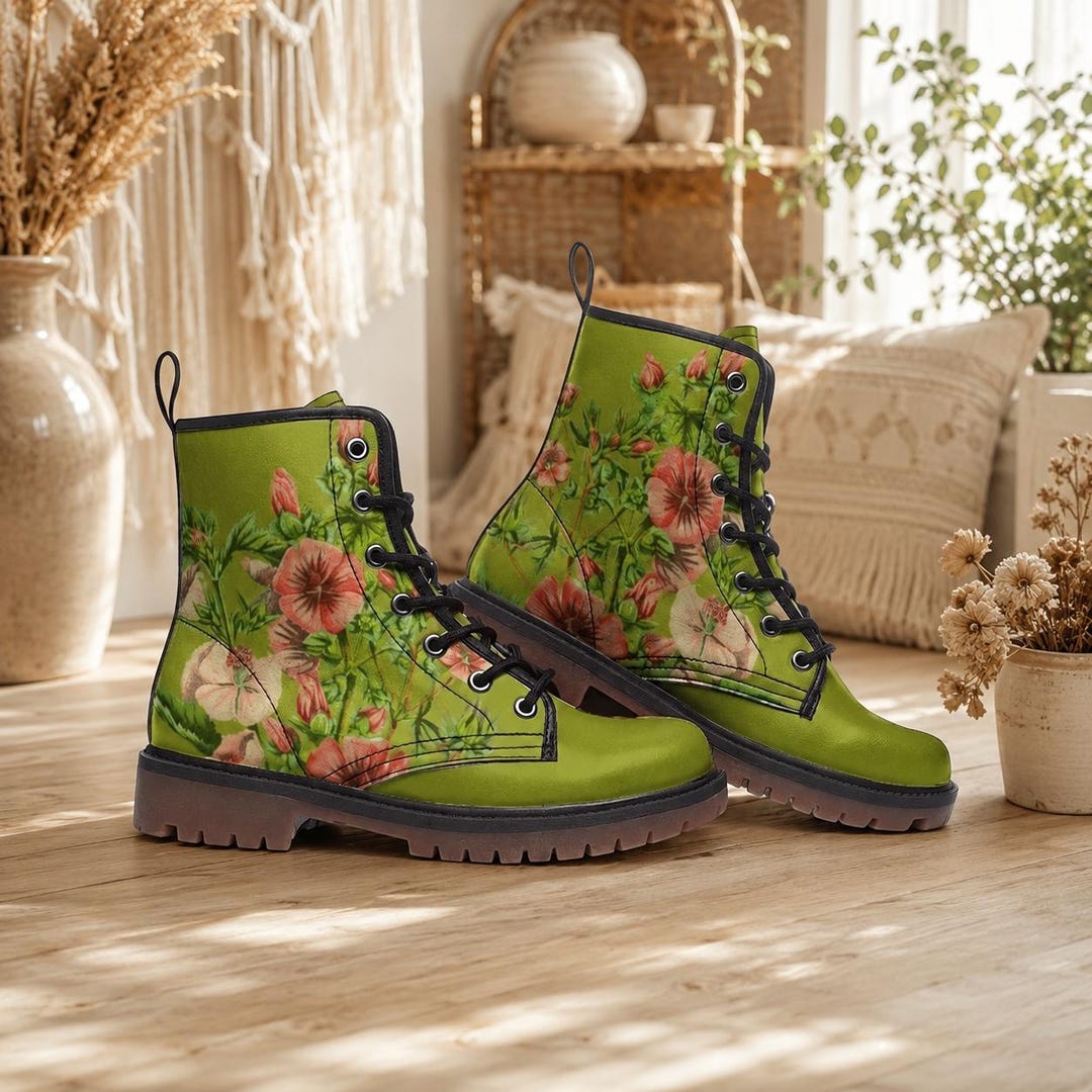 Green Floral Combat Boots Cottagecore Botanical Lace up Punk  display picture 2