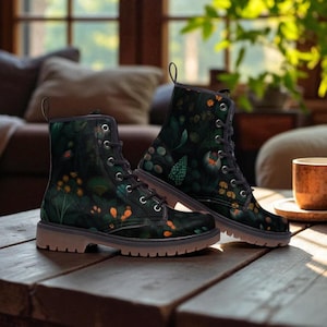 Botanical Forest Combat Boots, Dark Fairycore Shoes, Witchy Woodland Boots, Moody Floral Footwear, Dark Cottagecore Boots, Alt Festival Gear