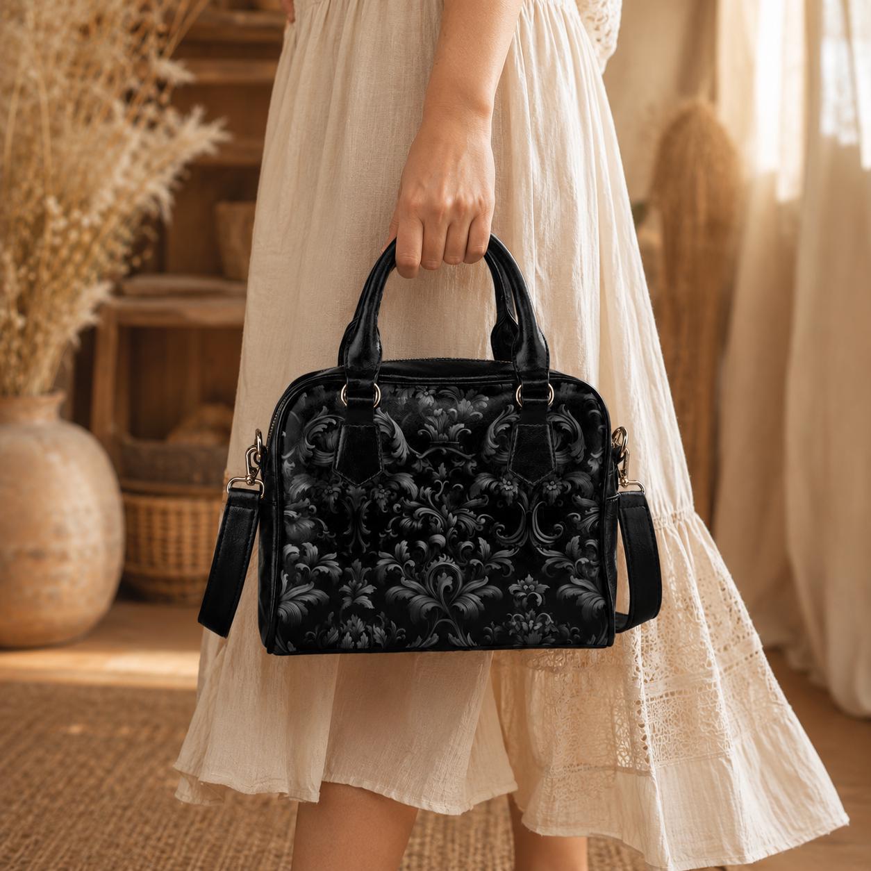 Baroque Black Satchel Bag, Victorian Gothic Faux Leather Handbag