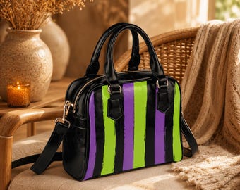 Goth Striped Handbag, Purple Green Top Handle Purse, Spooky Crossbody Satchel