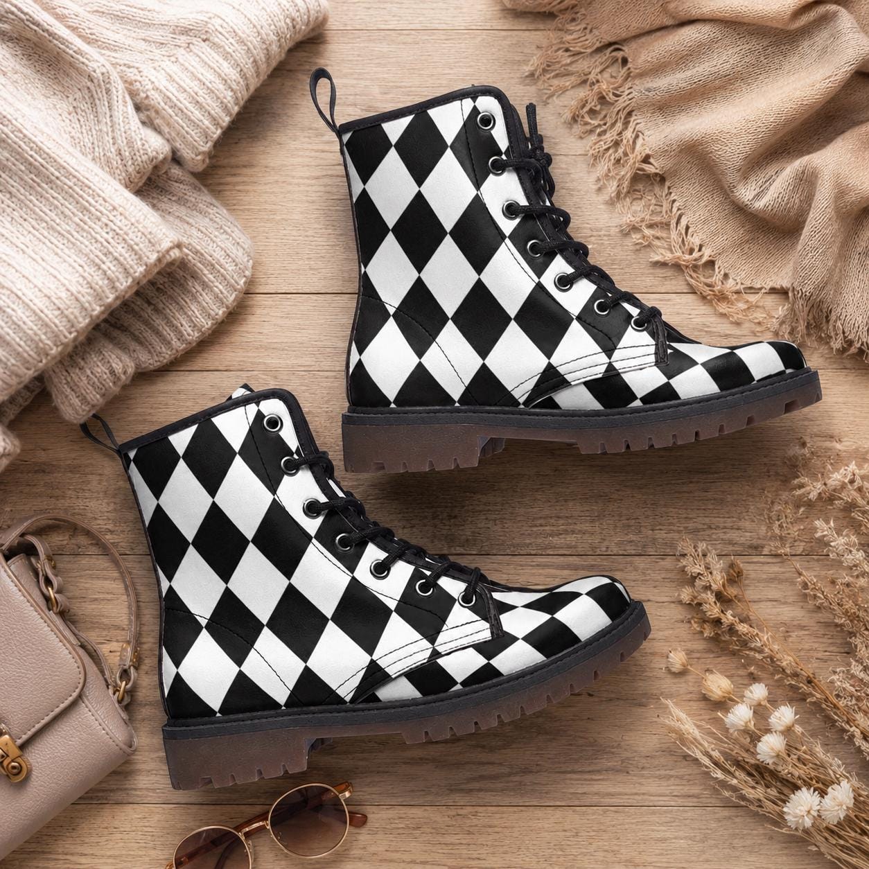 Checkered Vegan Leather Combat Boots, Alice Style - Etsy