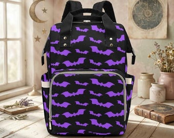 Purple Bats Diaper Backpack, Gothic Mom Baby Bag, Spooky Alternative Parenting Gear