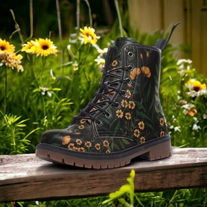 Dark Forest Ferns & Flowers Vegan Boots, Cottagecore Combat Boots, Dark Green Botanical Witchy Boots, Faux Leather Boots, Forestcore Boots