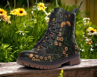 Dark Forest Ferns & Flowers Vegan Boots, Cottagecore Combat Boots, Dark Green Botanical Witchy Boots, Faux Leather Boots, Forestcore Boots