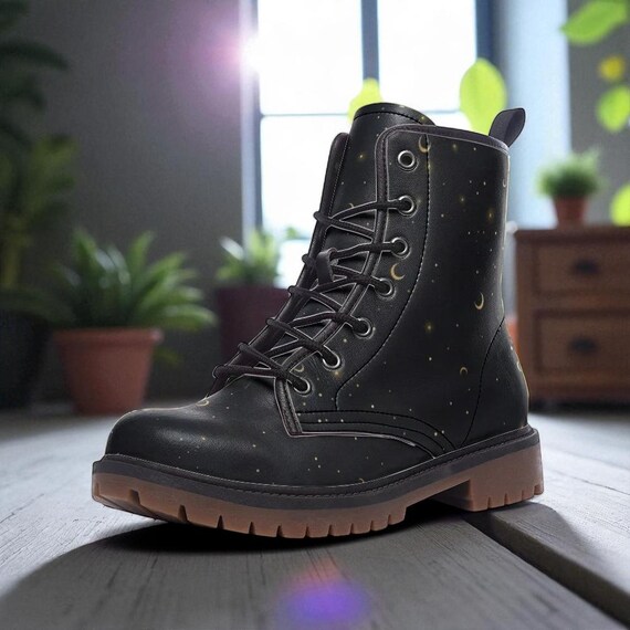 Gold Stars Moon Vegan Leather Combat Boots Witchcore  display picture 1