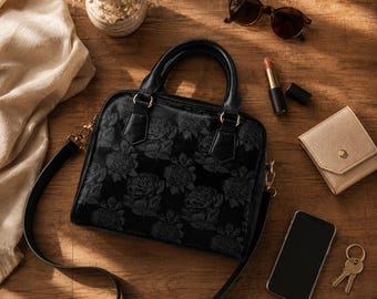 Schooltas met zwarte roos, portemonnee met donkere bloemen, gotische romantische handtas