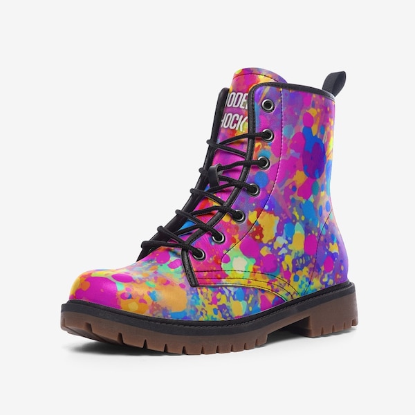 Bottes unisexes en cuir avec éclaboussures d'arc-en-ciel de carnaval, cuir végétalien, bottes combat, botte classique, bottes à lacets, bottines fille, bottines fille