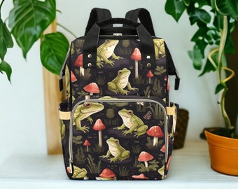 Cottagecore Toads & Mushrooms Multifunction Backpack, Storybook Fable Toads Book Bag, Forest Fairy Backpack Bag, Witchy Toads Laptop Bag