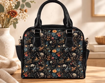 Dark Floral Satchel, Witchy Botanical Handbag, Cottagecore Purse