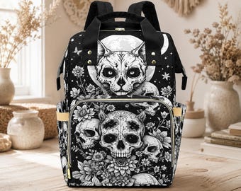 Gothic Diaper Bag Backpack, Skull Cat Mom Backpack, Baby Travel Organizer