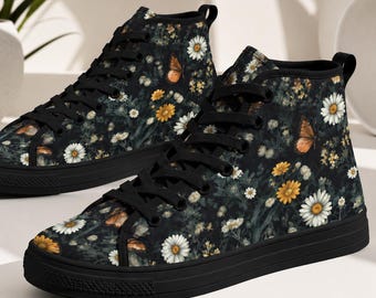 Dark Cottagecore Floral High Top Sneakers, Black Butterfly Daisy Print Canvas Shoes