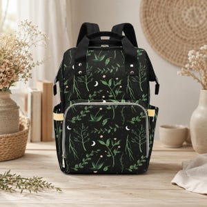 Crescent Moon Diaper Bag: Forest Green Botanical Print, Insulated Bottle Pockets (Nylon) image 2