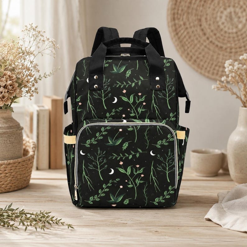 Crescent Moon Diaper Bag: Forest Green Botanical Print, Insulated Bottle Pockets (Nylon) image 2