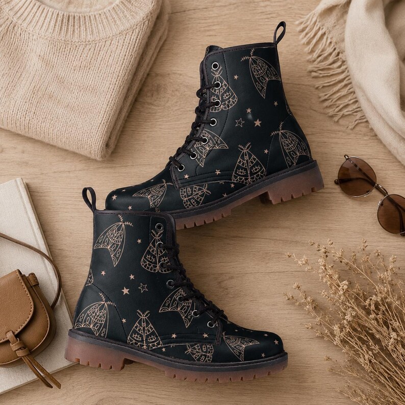 May include: A pair of black lace-up boots featuring a repeating pattern of light-colored moths and small stars. The boots have black laces, metal eyelets, and a thick, translucent brown rubber sole with a visible tread pattern on the bottom edge.