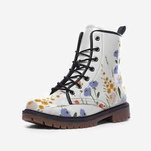 White & Blue Floral Vegan Combat Boots, Boho Floral Boots, Country Floral Festival Boot, Ditsy Floral Boots, Faux Leather Cottagecore Boots