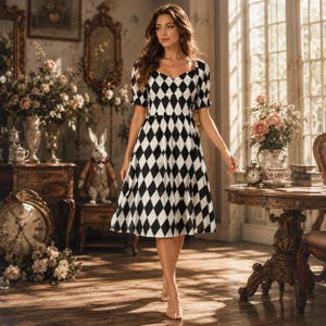 May include: A knee-length dress featuring a black and white diamond harlequin pattern, short puff sleeves, and a sweetheart neckline. The garment has a fitted bodice that transitions into a flared skirt, creating a structured silhouette.