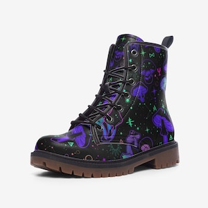 Goblincore Boots, Woodland Mushrooms Combat Boot, Vegan Combat Boots, Witchcore Festival Club Boot, Faecore Mushroom Butterly Print Boots