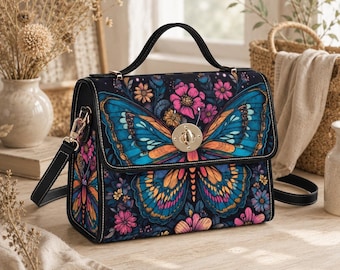 Psychedelic Butterfly Canvas Shoulder Bag, Floral Crossbody Satchel, Boho Hippie Purse