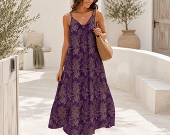 Purple and Taupe Damask Floral Print Maxi Dress with Spaghetti Straps