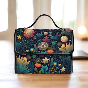 Dark Cottagecore boho Canvas Satchel Bag, Vegan Leather Strap Cute Crossbody bag, Cottagecore Top handle bag, boho hippies gift bag