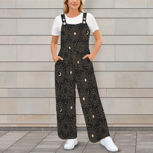 Celestial Moon Sun Wide Leg Jumpsuit, Boho Astrology Print Dungarees, Festival Travel Outfit image 9