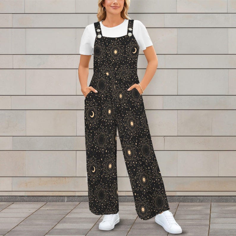 Celestial Moon Sun Wide Leg Jumpsuit, Boho Astrology Print Dungarees, Festival Travel Outfit image 9