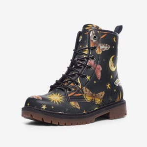 Forest Witch Moon Vegan Leather Combat Boots, Witchy Combat Boots, Magick Moon Boots, Boho Witch Boots, Boho Festival Wear Faux Leather Boot
