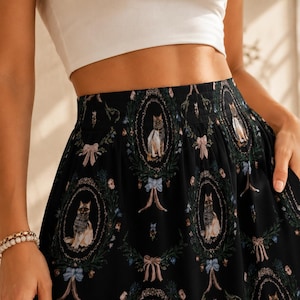Gothic kat maxirok, zwarte kat kunstprint, romantische gothic hoge taille
