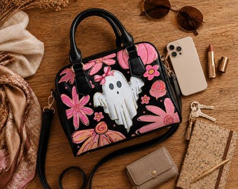 Bolso bandolera rosa con estampado floral de fantasmas, bolso cruzado kawaii de Halloween.