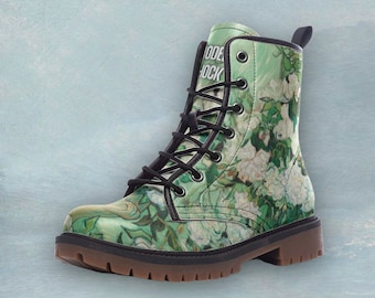 Vase With Roses Van Gogh Leather Unisex Boots, Vegan Leather, Combat Boots, Classic Boot, Lace Up Boots, Girl Boots, Ankle Girl Boots