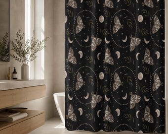 Moth Moon Phase Shower Curtain, Celestial Stars Witchy Bathroom Decor