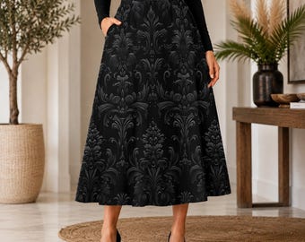 Black Damask A Line Midi Skirt with Side Pockets