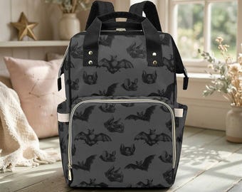 Spooky Bat Print Diaper Bag, Gothic Baby Backpack, Halloween Nappy Tote, Witchy Mom Gift