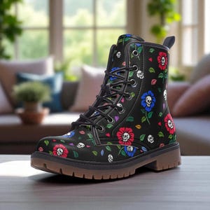 Skull Flower Vegan Leather Combat Boots: Gothic Festival Style