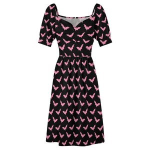 Pink Bat Print Midi Dress, Puff Sleeve Sweetheart Neckline, Pastel Halloween Party Outfit image 11
