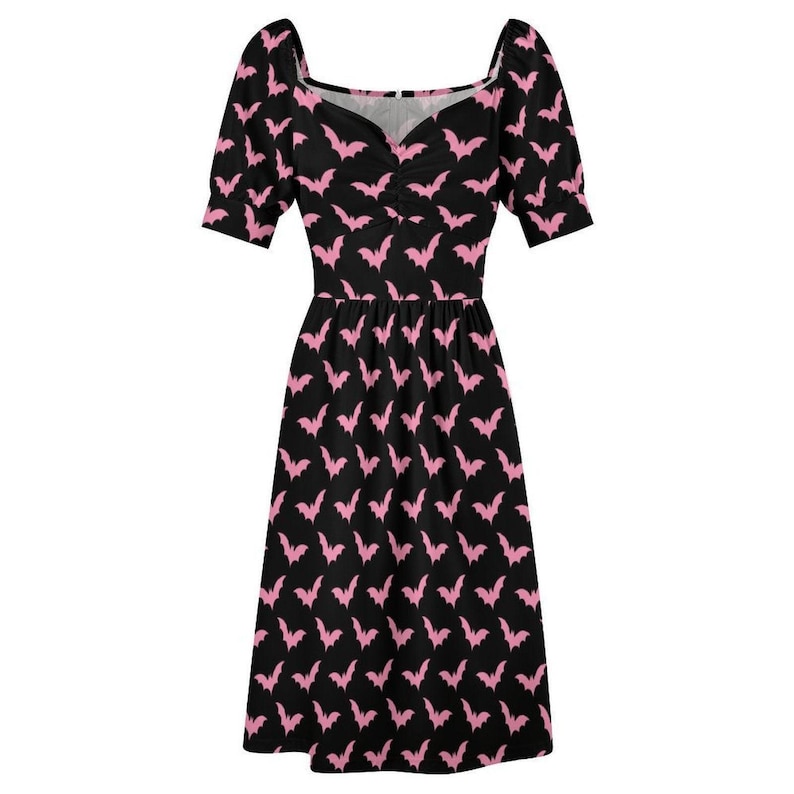 Pink Bat Print Midi Dress, Puff Sleeve Sweetheart Neckline, Pastel Halloween Party Outfit image 11