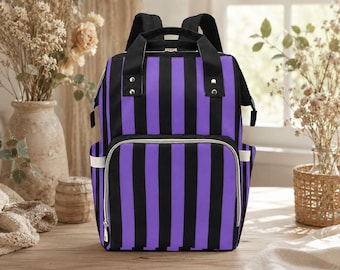 Purple Black Striped Diaper Backpack, Goth Vertical Stripe Baby Bag