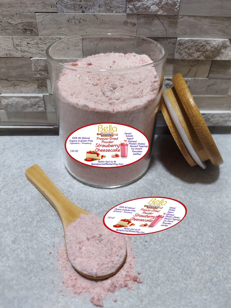 Strawberry Cheesecake Freeze Dried Fruit Dry Powder In A Beautiful Gift Jar w/ Bamboo Spoon Perfect Anytime Gift Put This On Everything Strawberry Ccake