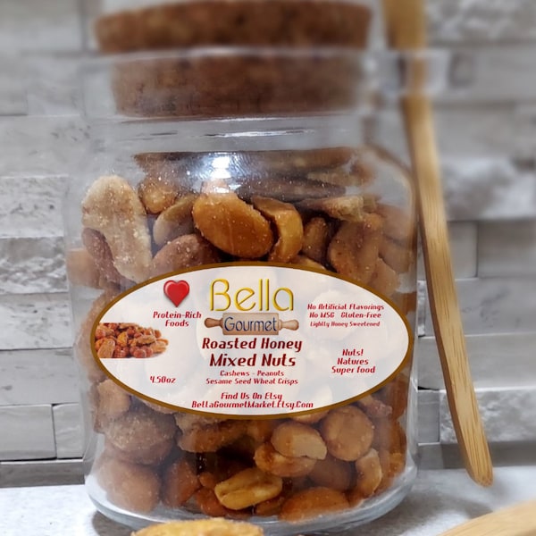 Roasted Honey Cashew Nut Mix - Cashews - Peanuts - Sesame Seed Wheat Crunch - Gift Jar w/ Spoon Set