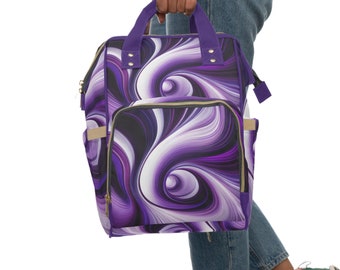 Multifunctional Diaper Backpack, Brilliant Purple, Swirls, Vortex Design, Groovy, Hippy